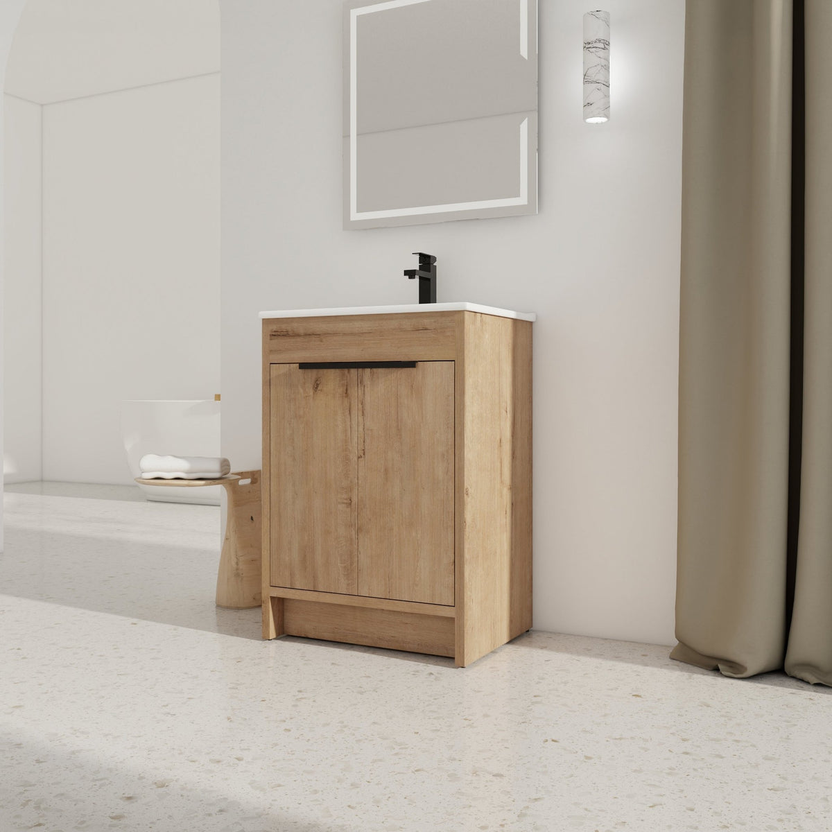 Modern Freestanding Bathroom Vanity with Ceramic Sink – Imitative Oak - 1st Choice Furniture Direct