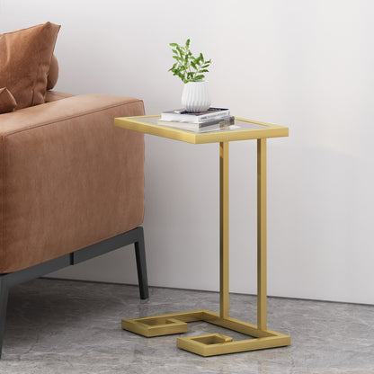 Modern Glam C - Shaped End Table with Tempered Glass Top in Gold Iron Frame - 1st Choice Furniture Direct
