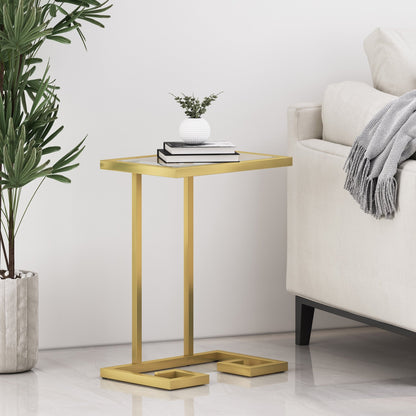 Modern Glam C - Shaped End Table with Tempered Glass Top in Gold Iron Frame - 1st Choice Furniture Direct
