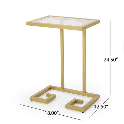 Modern Glam C - Shaped End Table with Tempered Glass Top in Gold Iron Frame - 1st Choice Furniture Direct