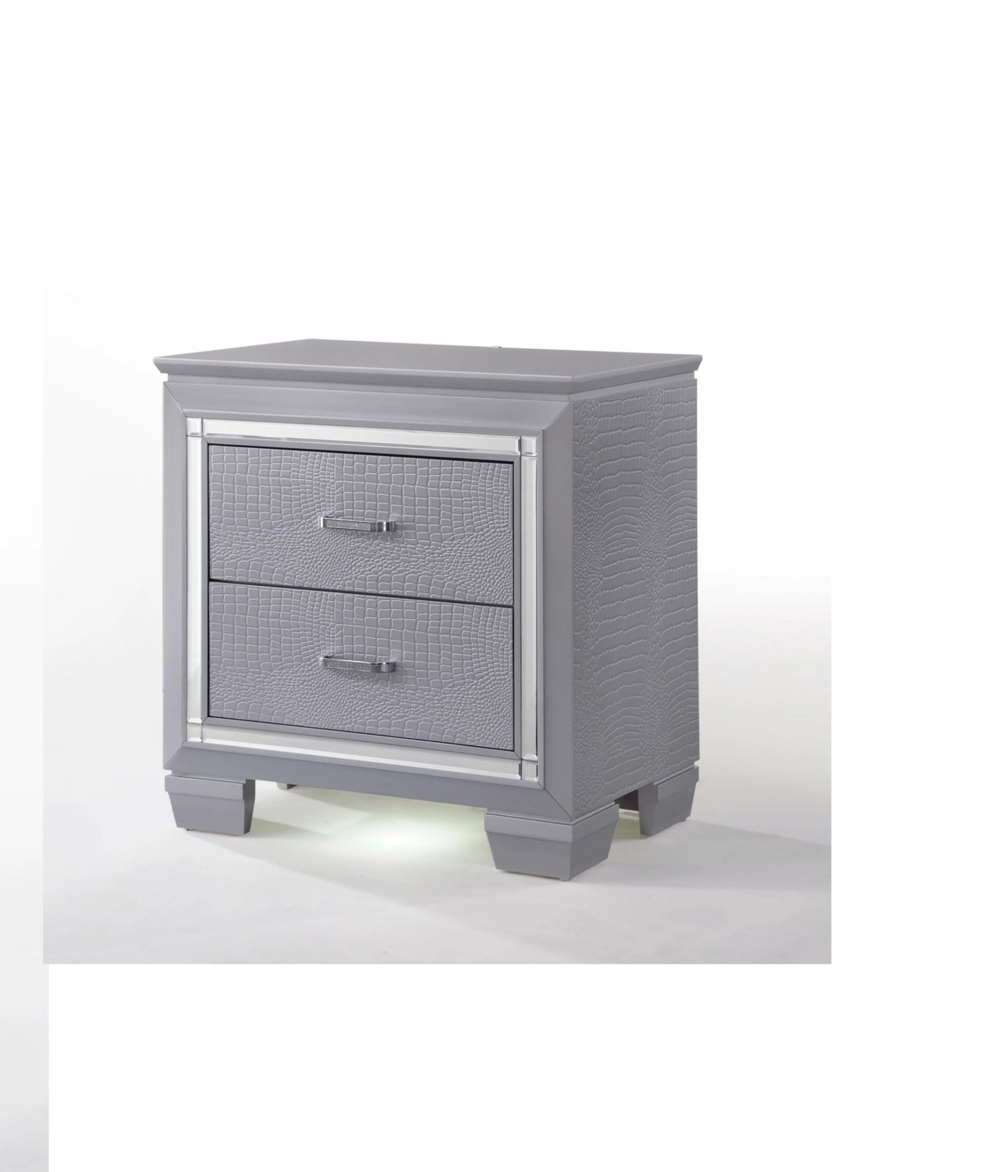 Modern Glam Nightstand with LED Light | Silver Crocodile Finish 2 Drawer Bedroom Table - 1st Choice Furniture Direct