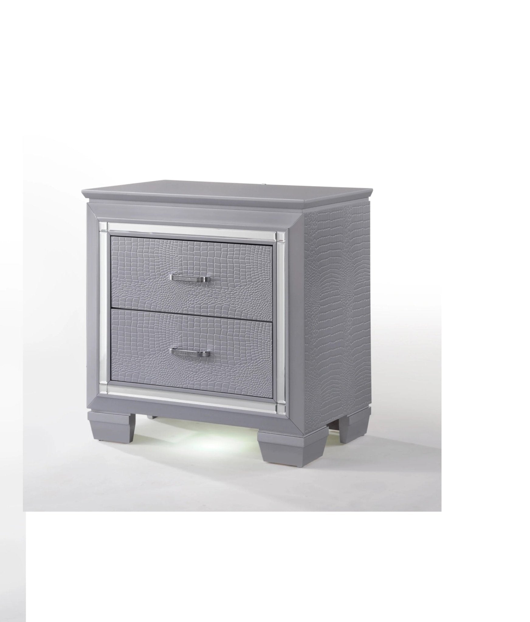 Modern Glam Nightstand with LED Light | Silver Crocodile Finish 2 Drawer Bedroom Table - 1st Choice Furniture Direct