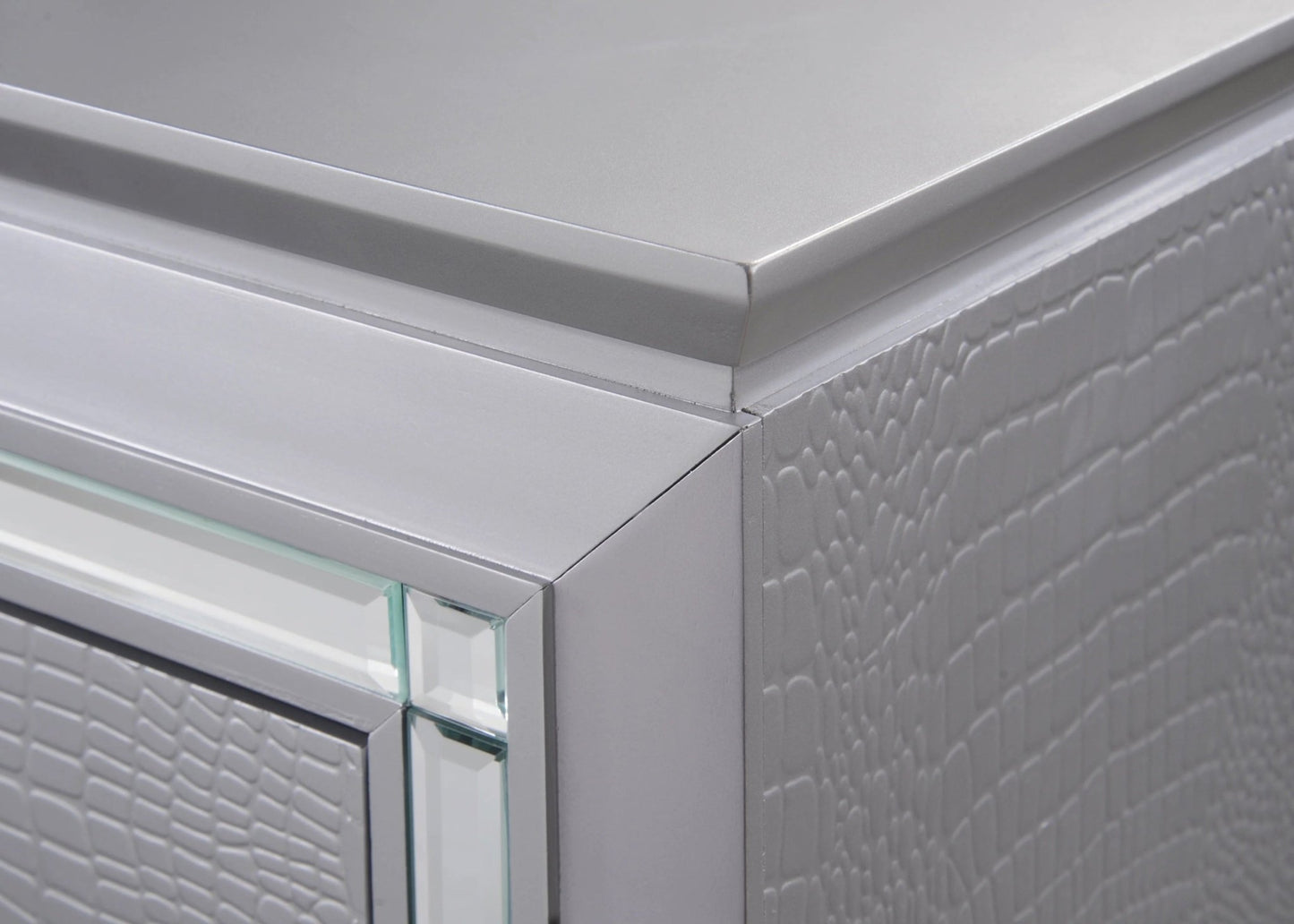 Modern Glam Nightstand with LED Light | Silver Crocodile Finish 2 Drawer Bedroom Table - 1st Choice Furniture Direct