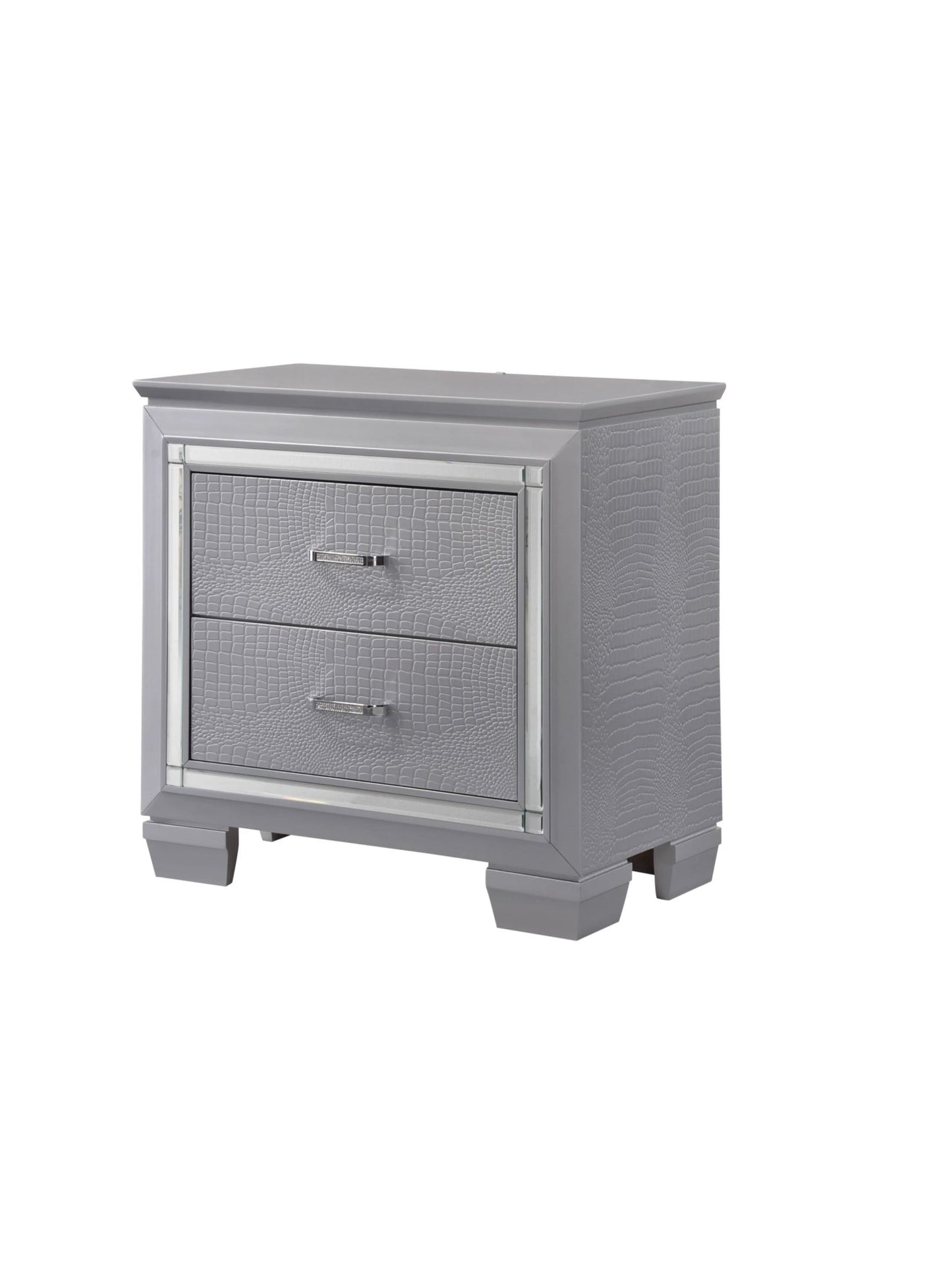 Modern Glam Nightstand with LED Light | Silver Crocodile Finish 2 Drawer Bedroom Table - 1st Choice Furniture Direct