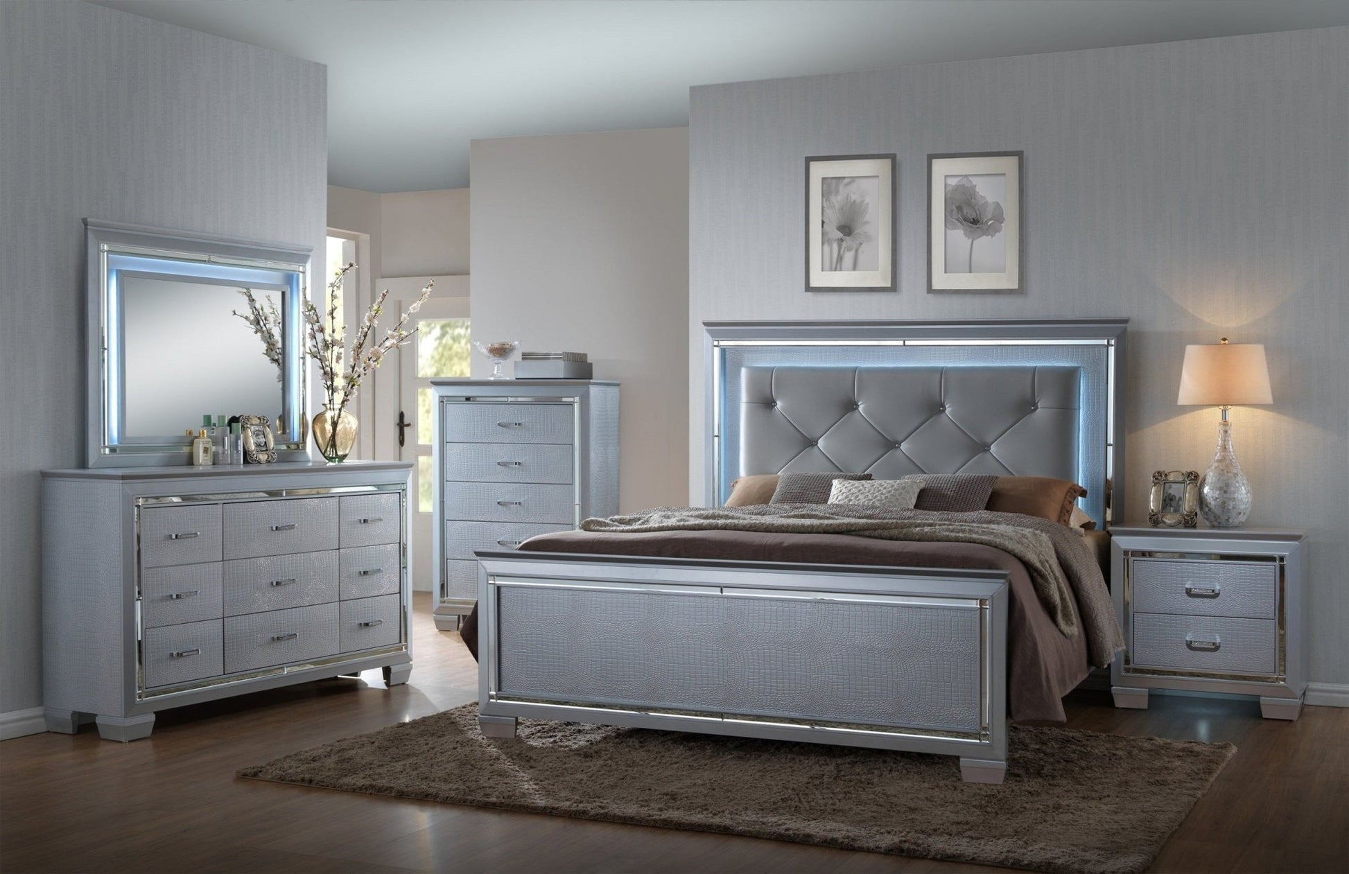 Modern Glam Nightstand with LED Light | Silver Crocodile Finish 2 Drawer Bedroom Table - 1st Choice Furniture Direct