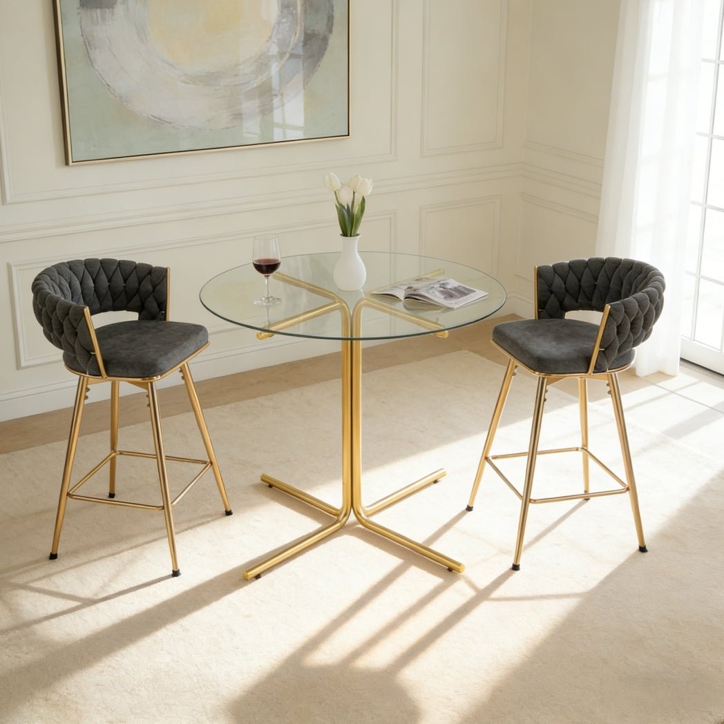 Modern Glass Bar Table Set for 2 with Swivel Bar Chairs – Dark Gray & Gold - 1st Choice Furniture Direct