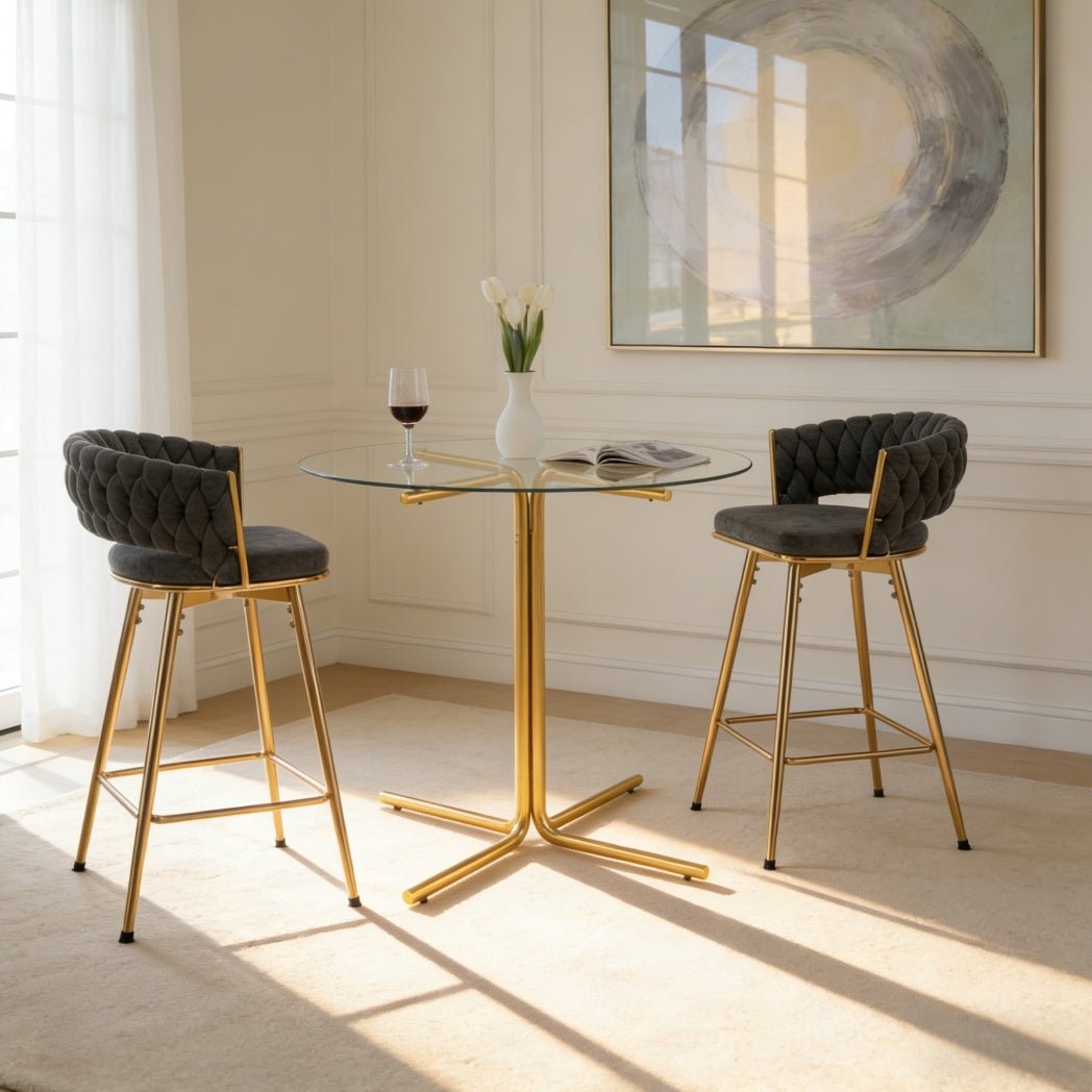 Modern Glass Bar Table Set for 2 with Swivel Bar Chairs – Dark Gray & Gold - 1st Choice Furniture Direct