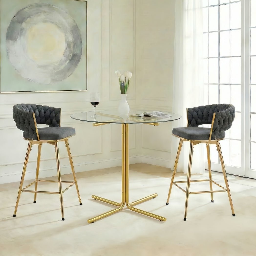 Modern Glass Bar Table Set for 2 with Swivel Bar Chairs – Dark Gray & Gold - 1st Choice Furniture Direct