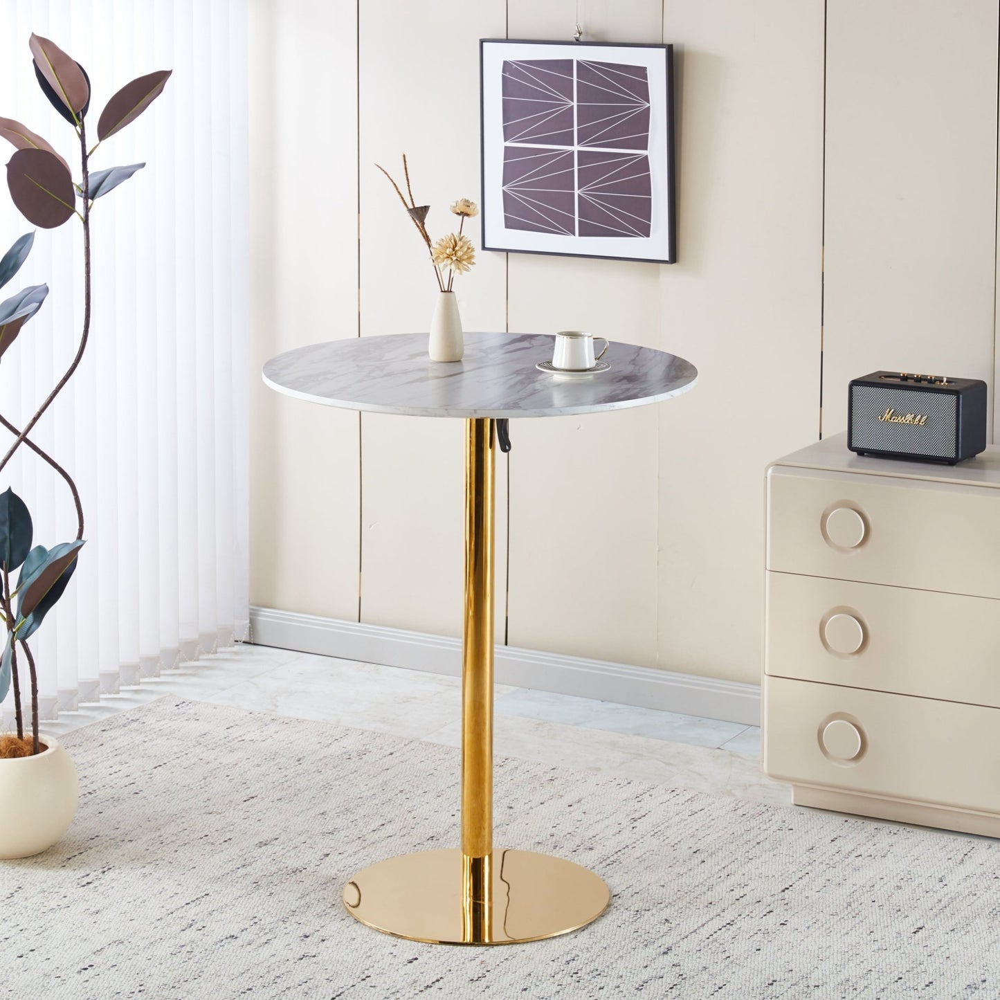 Modern Gold Bar Table Set with 2 Adjustable Bar Stools, Round Marble - Patterned Pub Table for Home Bar & Kitchen - 1st Choice Furniture Direct