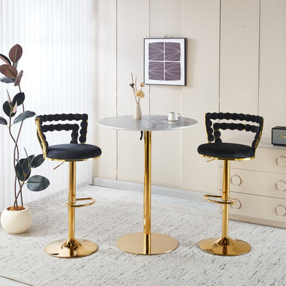 Modern Gold Bar Table Set with 2 Adjustable Bar Stools, Round Marble - Patterned Pub Table for Home Bar & Kitchen - 1st Choice Furniture Direct
