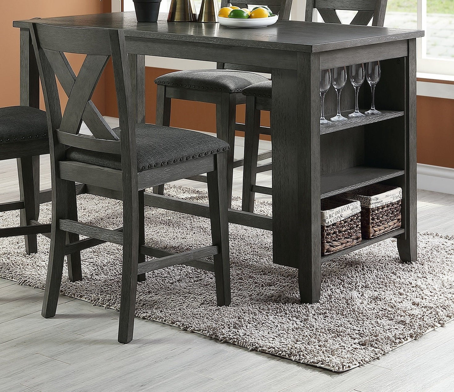Modern Gray Finish 5pc Counter Height High Dining Table w Storage Shelves High Chairs And Stools Wooden Kitchen Breakfast Table Dining Room Furniture - 1st Choice Furniture Direct