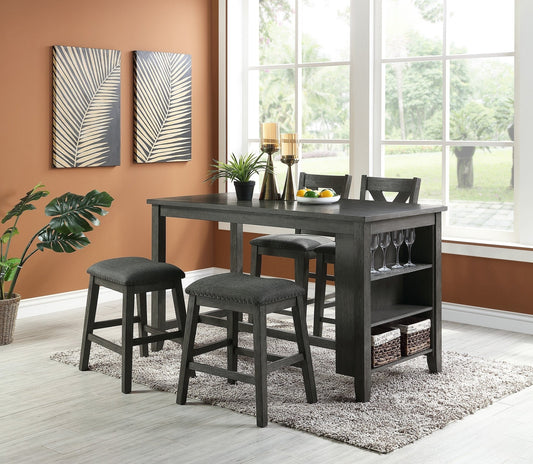 Modern Gray Finish 5pc Counter Height High Dining Table w Storage Shelves High Chairs And Stools Wooden Kitchen Breakfast Table Dining Room Furniture - 1st Choice Furniture Direct