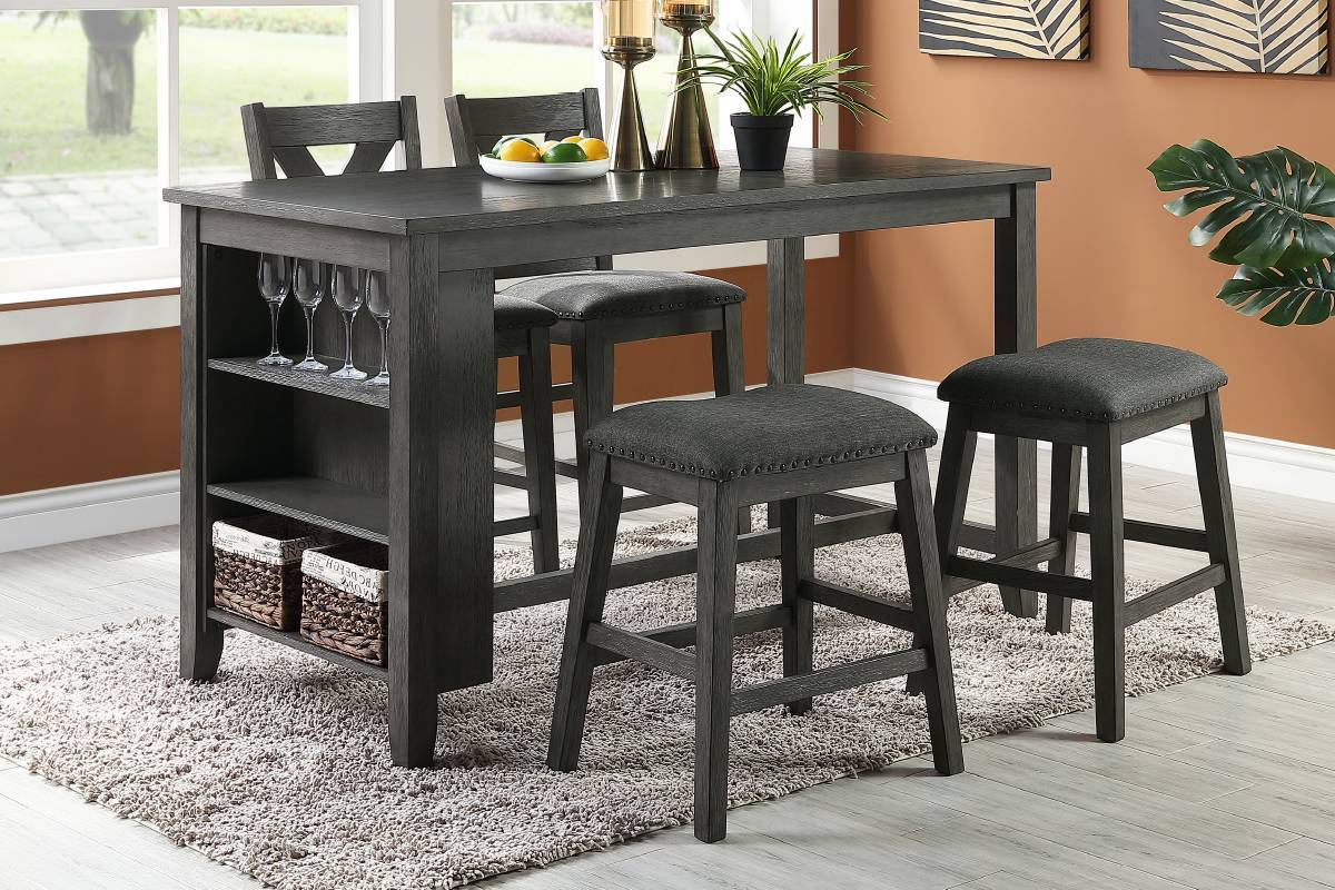 Modern Gray Finish 5pc Counter Height High Dining Table w Storage Shelves High Chairs And Stools Wooden Kitchen Breakfast Table Dining Room Furniture - 1st Choice Furniture Direct
