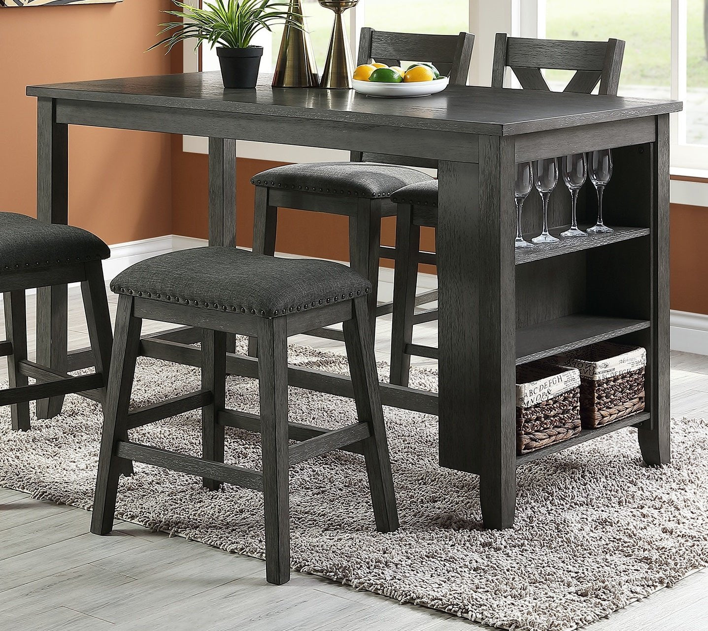Modern Gray Finish 5pc Counter Height High Dining Table w Storage Shelves High Chairs And Stools Wooden Kitchen Breakfast Table Dining Room Furniture - 1st Choice Furniture Direct