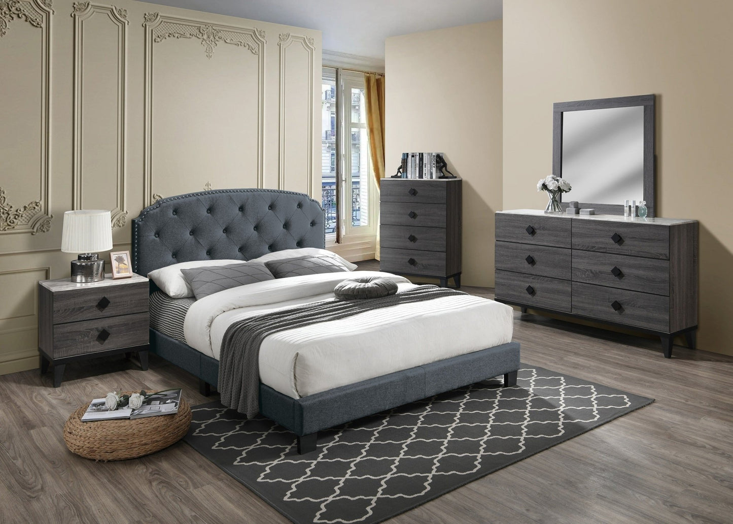Modern Gray Nightstand | 2 Drawer Solid Wood Bedside Table with Unique Legs - 1st Choice Furniture Direct