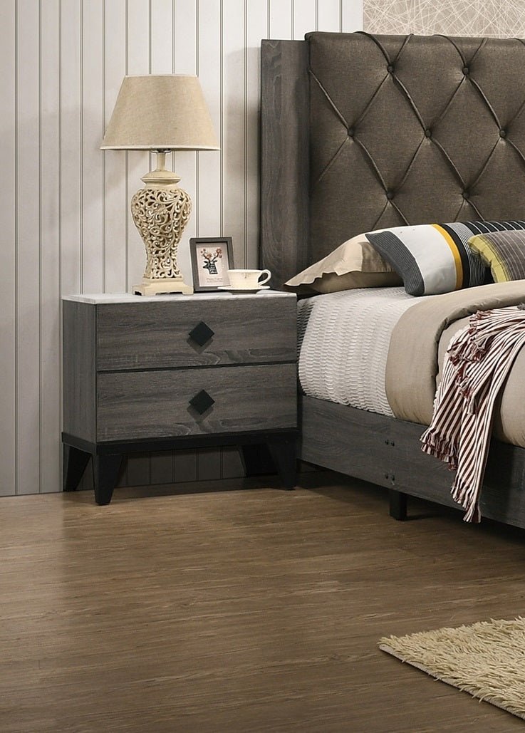 Modern Gray Nightstand | 2 Drawer Solid Wood Bedside Table with Unique Legs - 1st Choice Furniture Direct