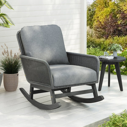 Modern Gray Wicker Rocking Chair – Indoor Outdoor PE Rattan Patio Rocker with Cushions - 1st Choice Furniture Direct