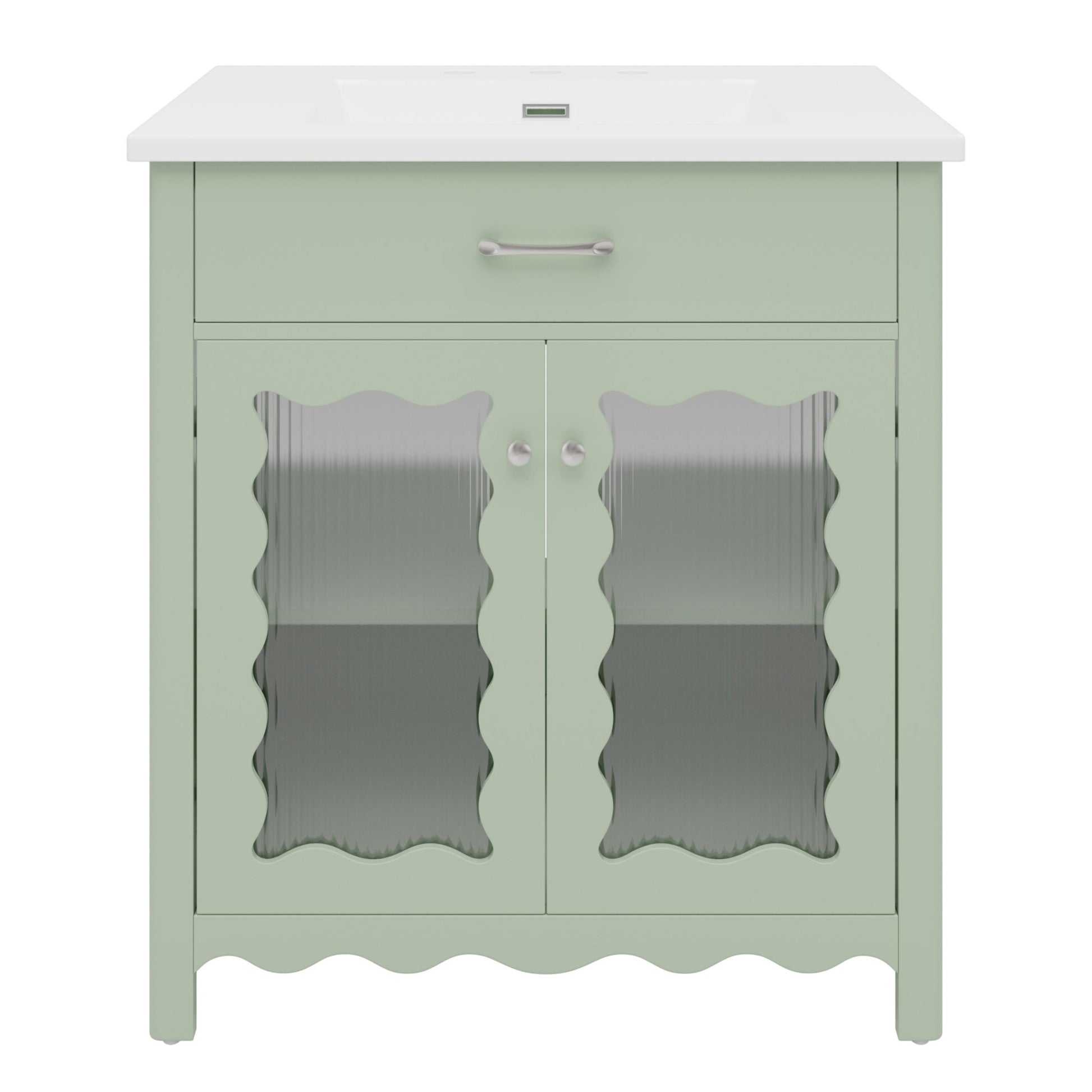 Modern Green Bathroom Vanity with Tempered Glass Doors, Rubber Wood Legs, Soft - Close Hinges, 31' - 1st Choice Furniture Direct