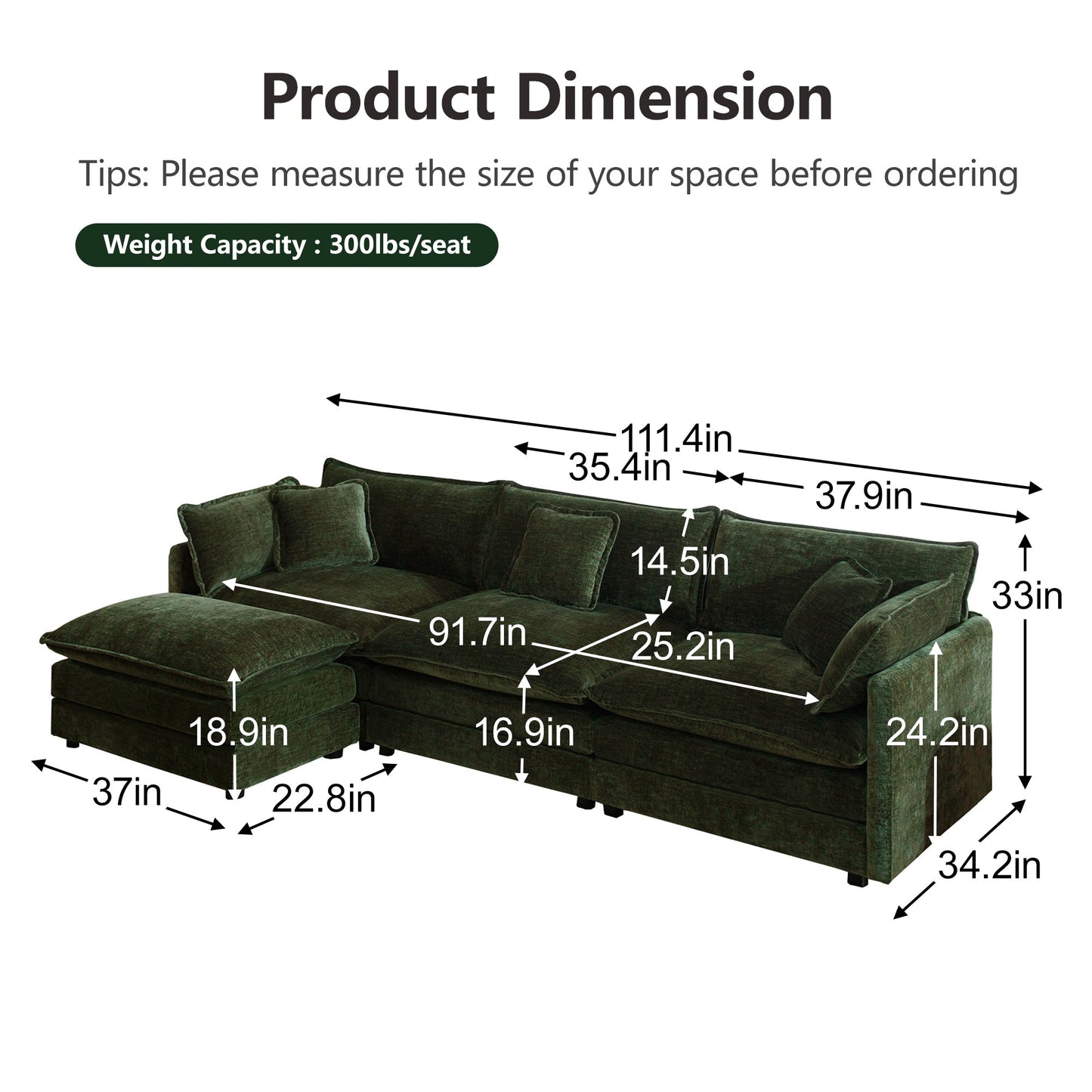 Modern Green Chenille Modular Sofa – 3 Seater Sectional Couch - 1st Choice Furniture Direct