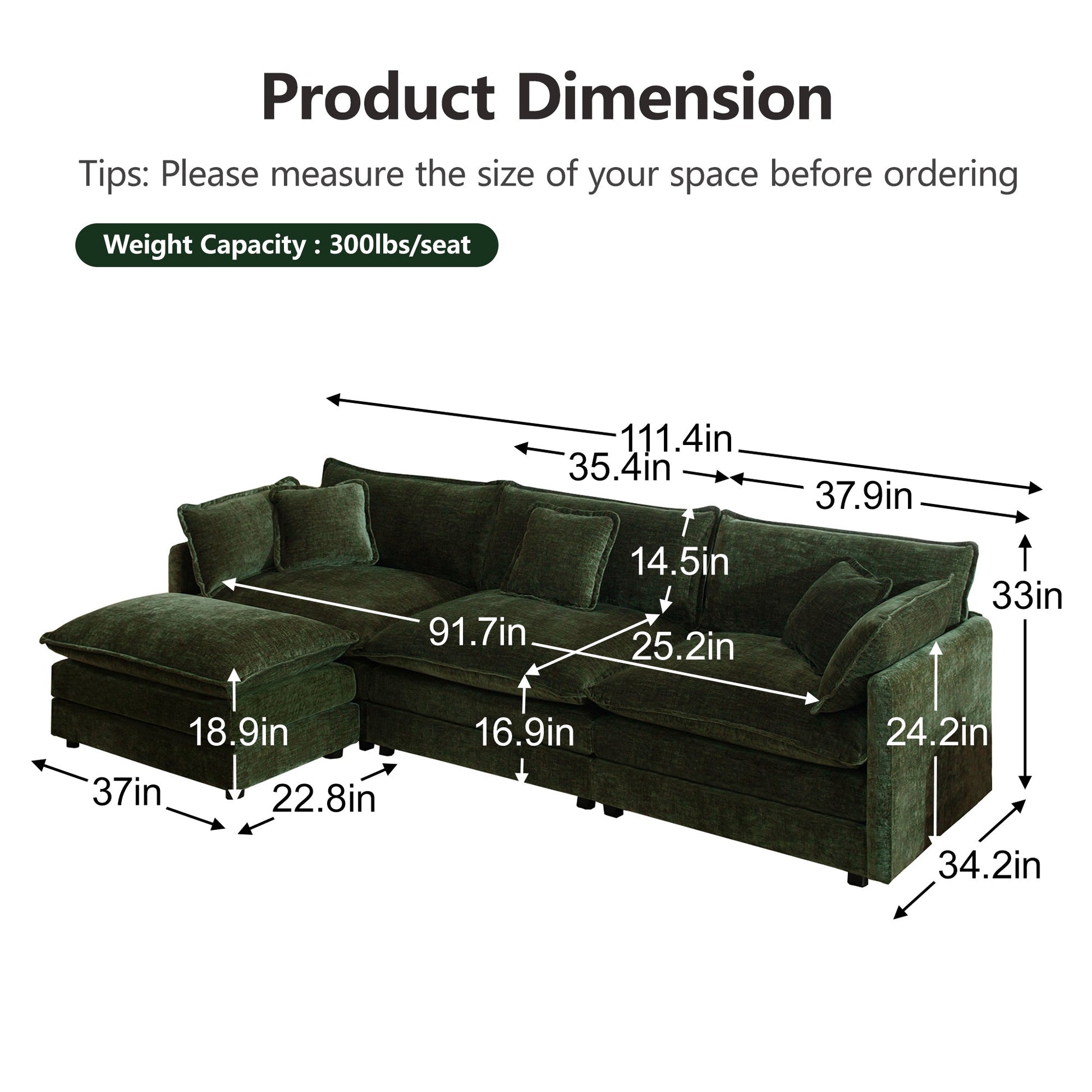 Modern Green Chenille Modular Sofa – 3 Seater Sectional Couch - 1st Choice Furniture Direct