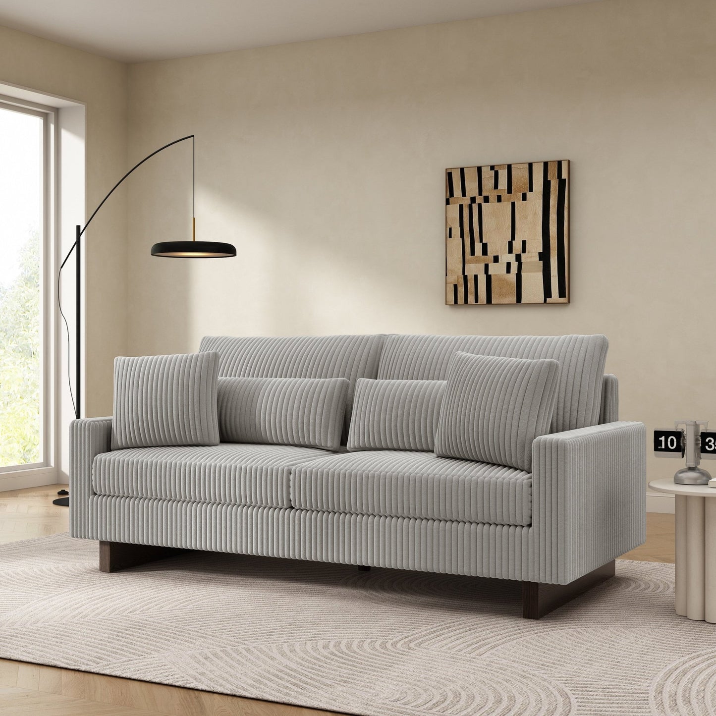 Modern Grey Corduroy Loveseat Sofa with Four Pillows, Upholstered 80.3' Couch for Living Room, Plywood and Pine Frame - 1st Choice Furniture Direct
