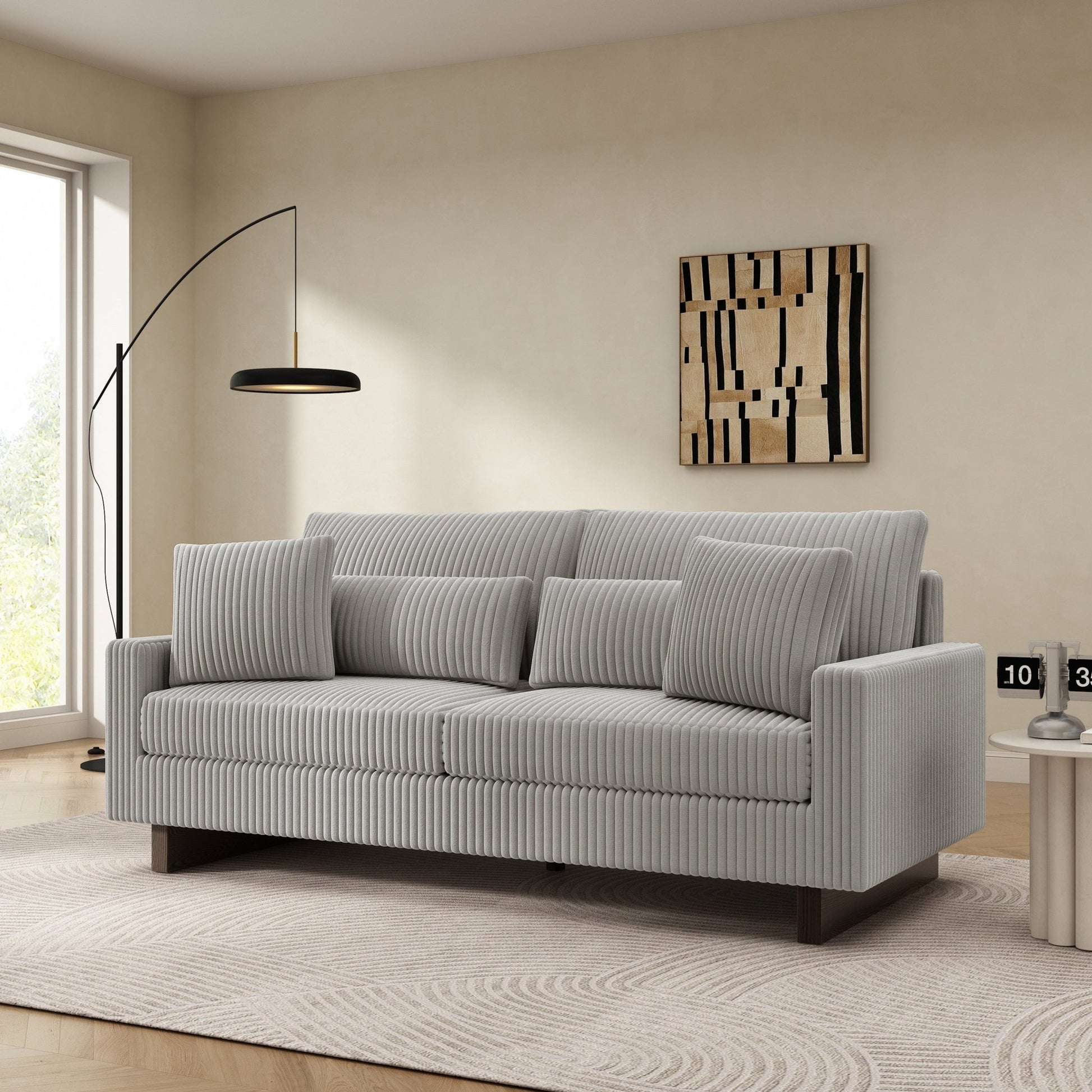 Modern Grey Corduroy Loveseat Sofa with Four Pillows, Upholstered 80.3' Couch for Living Room, Plywood and Pine Frame - 1st Choice Furniture Direct
