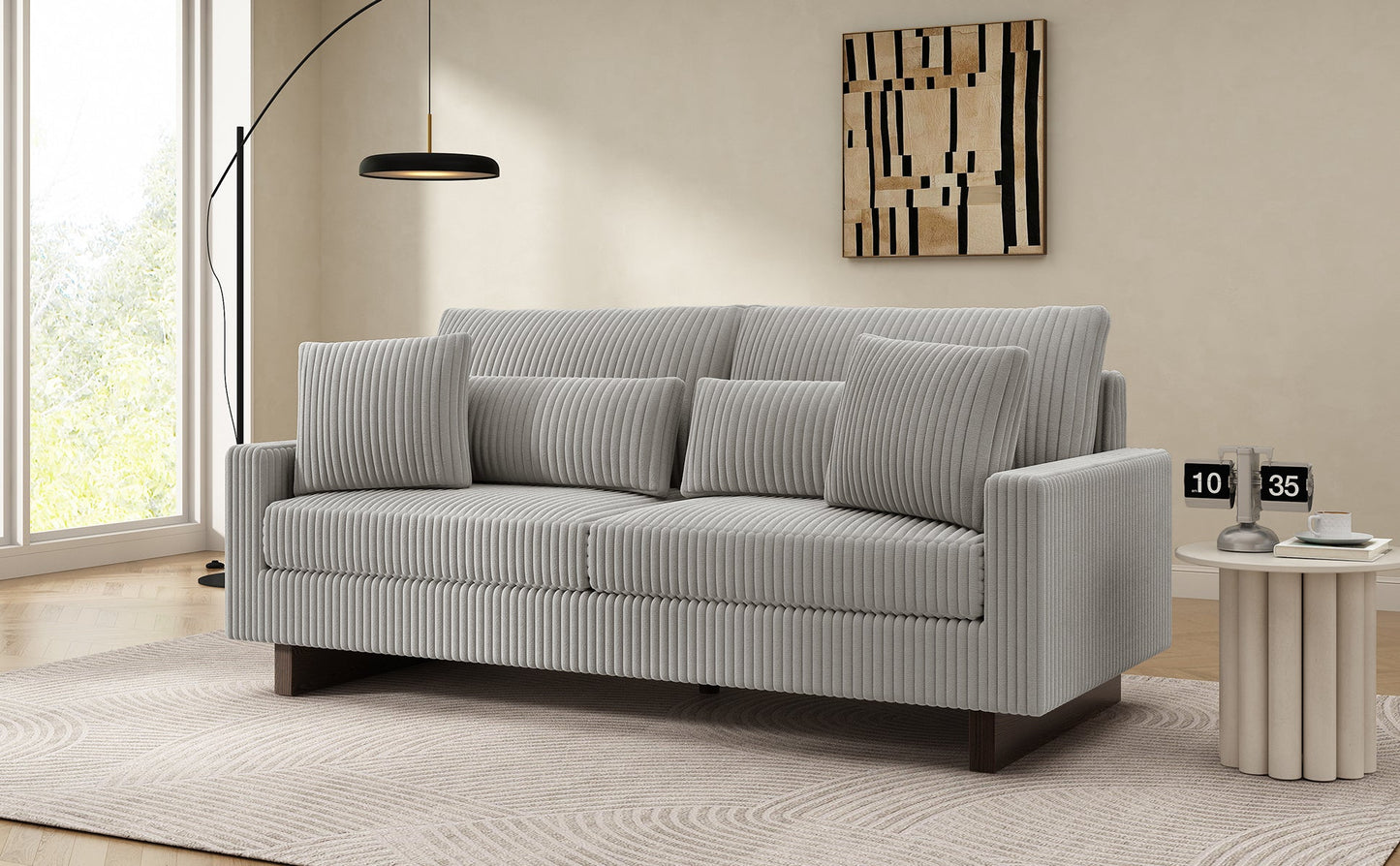 Modern Grey Corduroy Loveseat Sofa with Four Pillows, Upholstered 80.3' Couch for Living Room, Plywood and Pine Frame - 1st Choice Furniture Direct