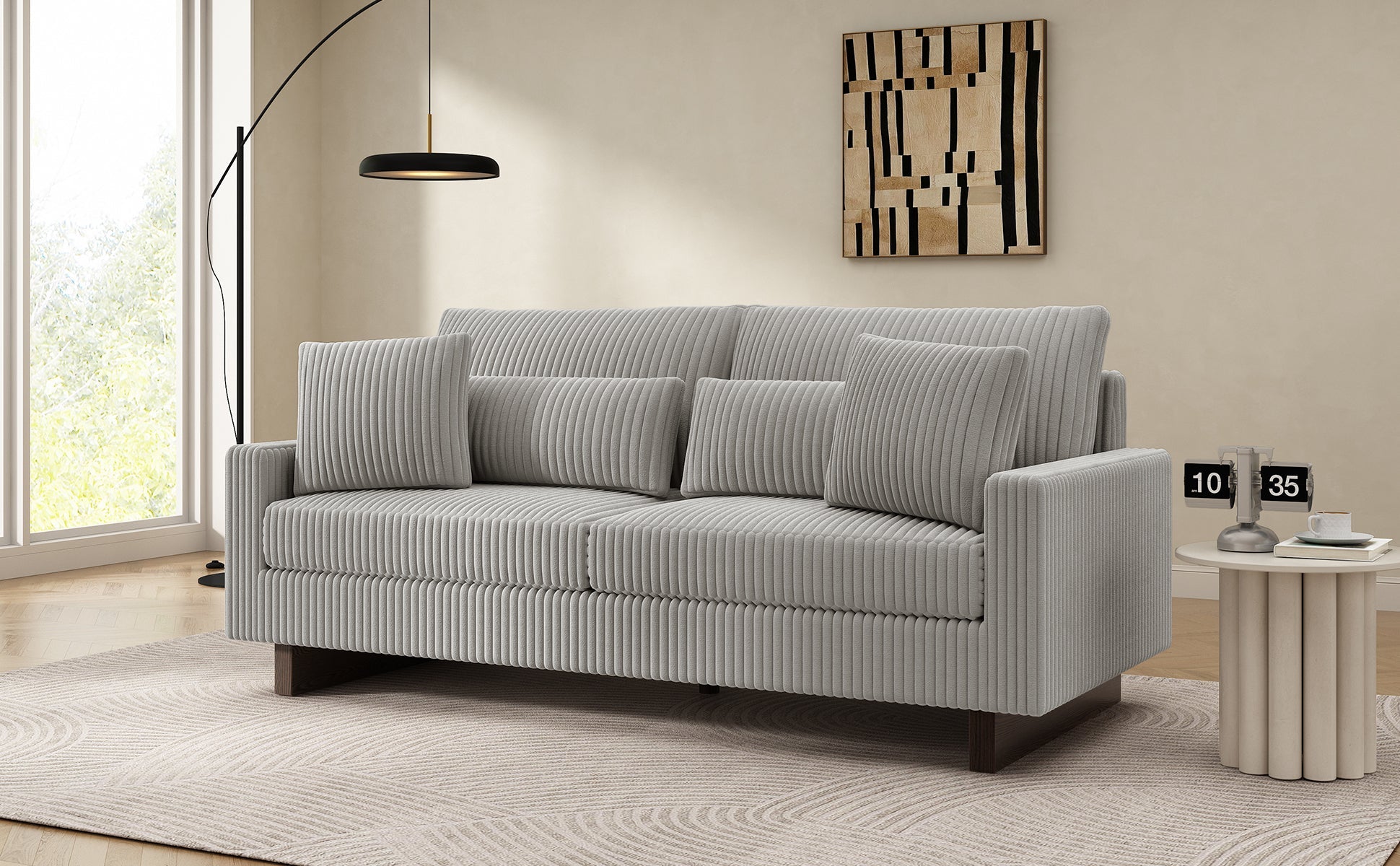 Modern Grey Corduroy Loveseat Sofa with Four Pillows, Upholstered 80.3' Couch for Living Room, Plywood and Pine Frame - 1st Choice Furniture Direct