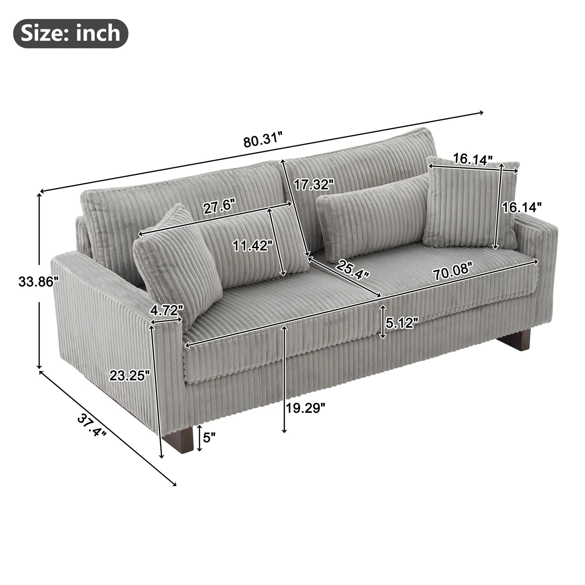 Modern Grey Corduroy Loveseat Sofa with Four Pillows, Upholstered 80.3' Couch for Living Room, Plywood and Pine Frame - 1st Choice Furniture Direct