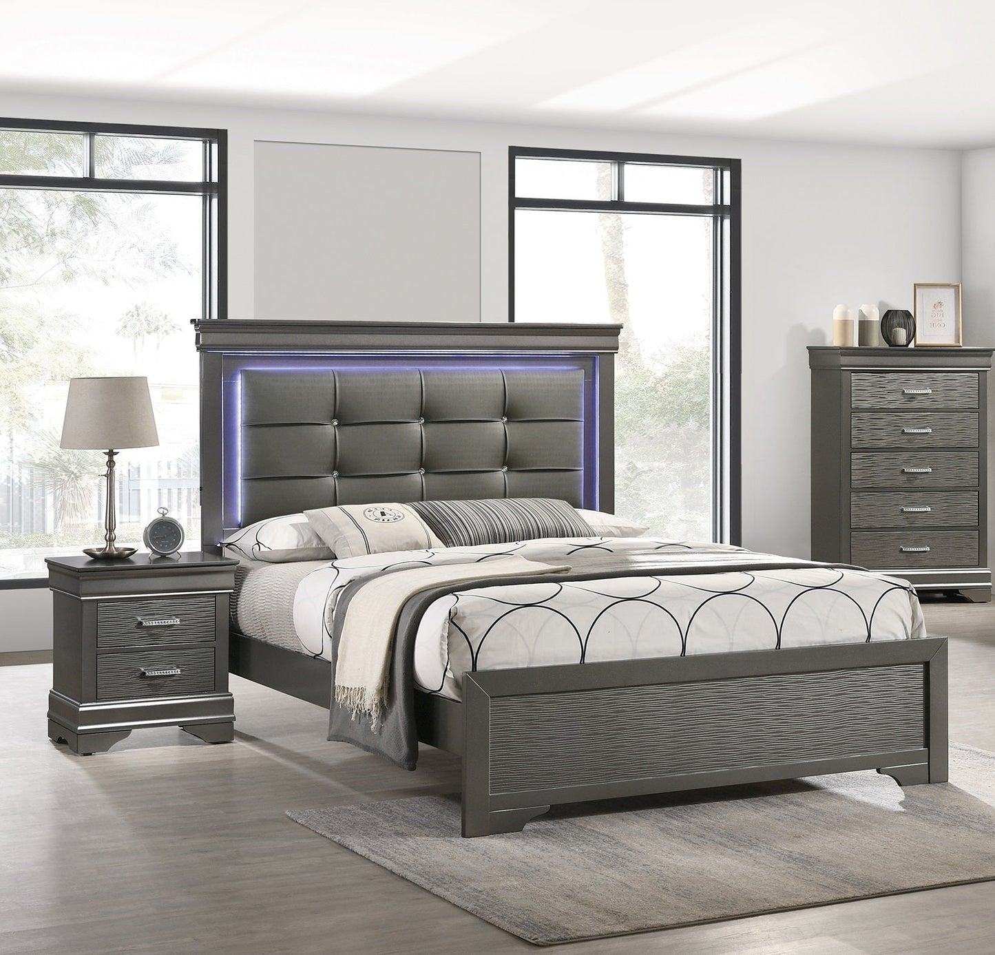 Modern Grey Transitional Wooden Nightstand Bedside Table 2x Drawers Bedroom Furniture - 1st Choice Furniture Direct
