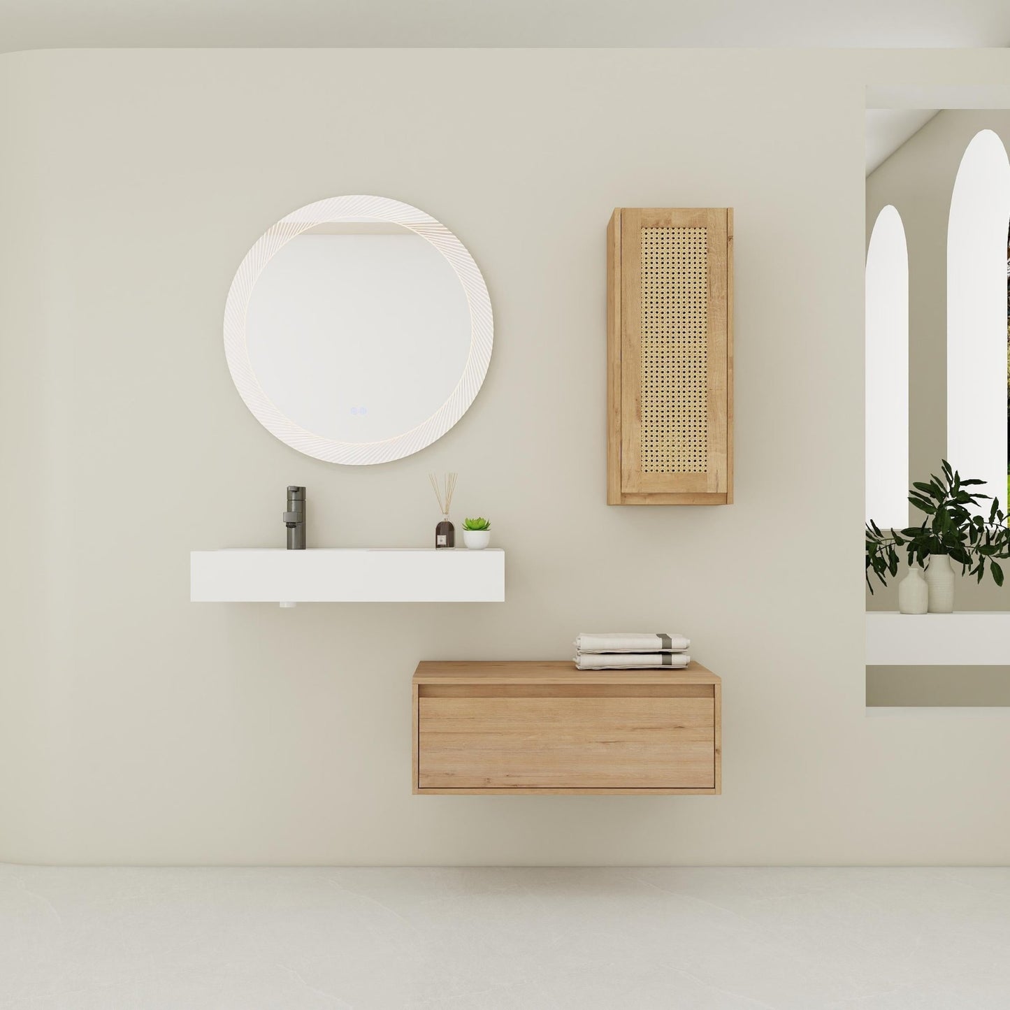 Modern Imitative Oak 30 - Inch Wall - Mounted Bathroom Vanity with Resin Sink and Side Cabinet - 1st Choice Furniture Direct