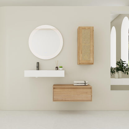 Modern Imitative Oak 30 - Inch Wall - Mounted Bathroom Vanity with Resin Sink and Side Cabinet - 1st Choice Furniture Direct