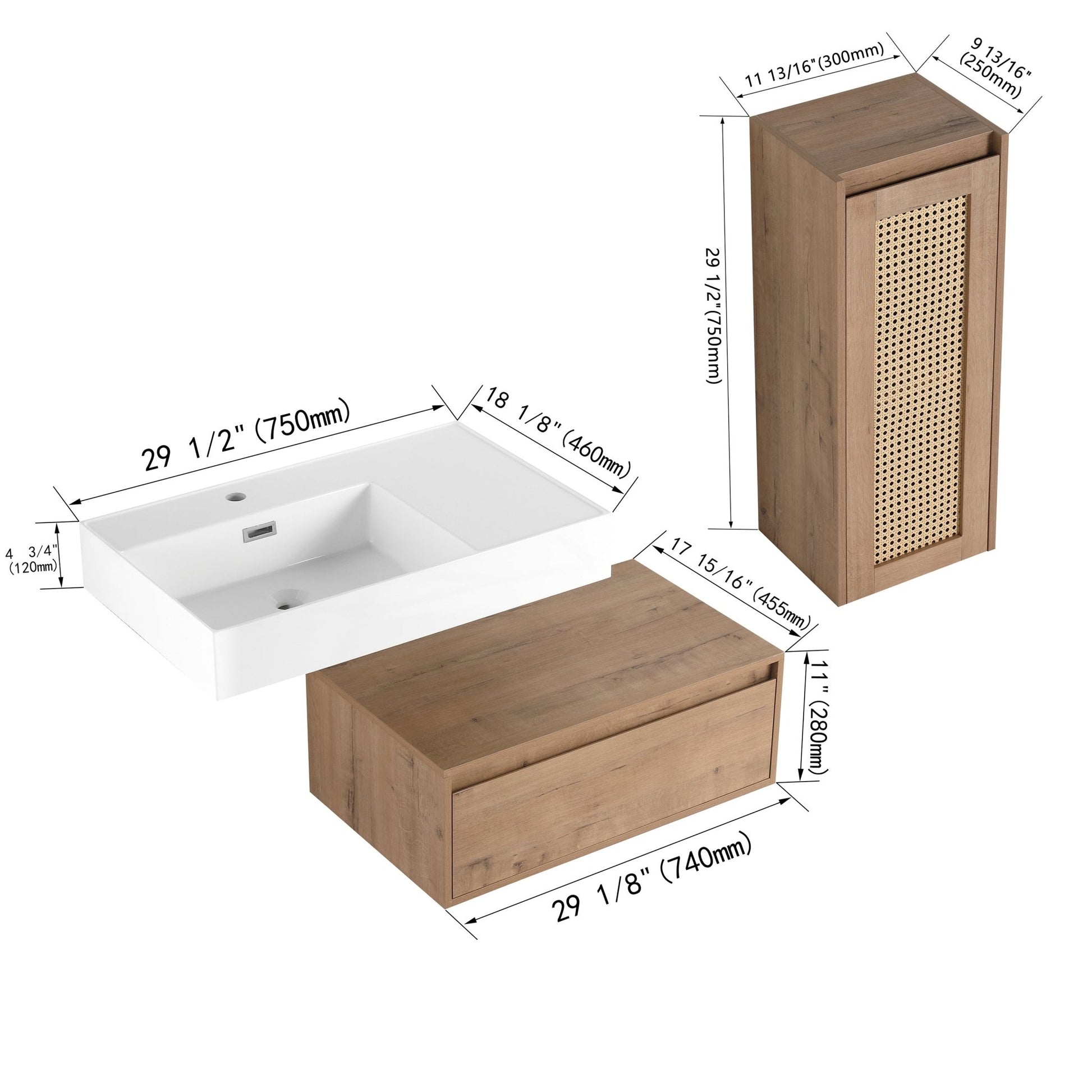 Modern Imitative Oak 30 - Inch Wall - Mounted Bathroom Vanity with Resin Sink and Side Cabinet - 1st Choice Furniture Direct
