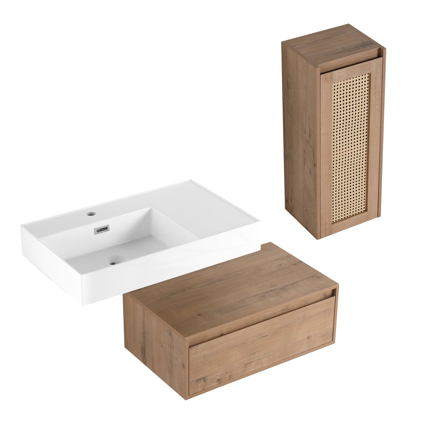 Modern Imitative Oak 30 - Inch Wall - Mounted Bathroom Vanity with Resin Sink and Side Cabinet - 1st Choice Furniture Direct
