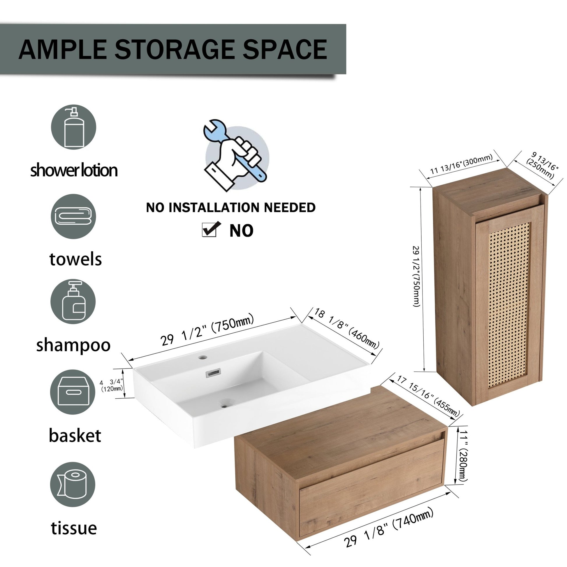 Modern Imitative Oak 30 - Inch Wall - Mounted Bathroom Vanity with Resin Sink and Side Cabinet - 1st Choice Furniture Direct