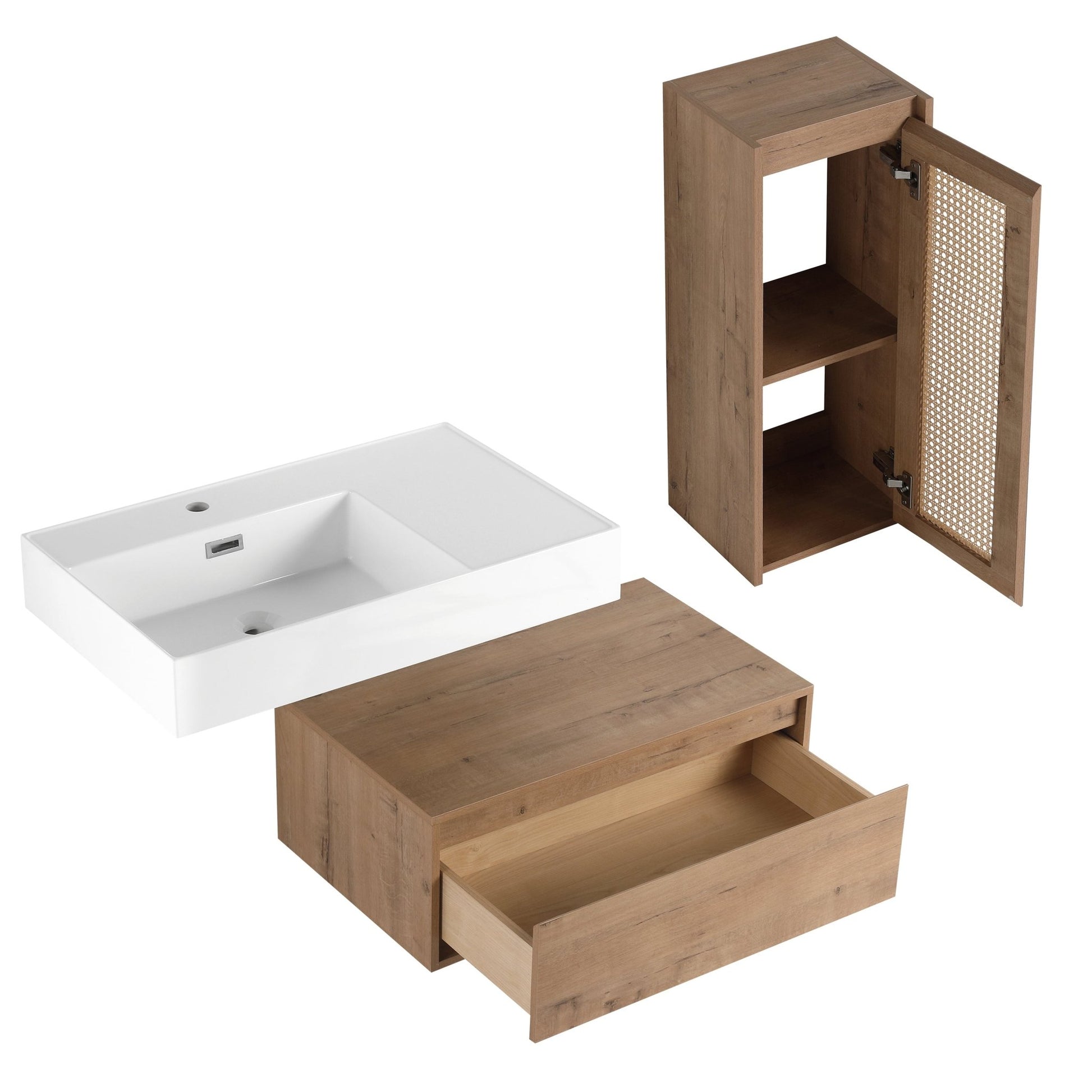 Modern Imitative Oak 30 - Inch Wall - Mounted Bathroom Vanity with Resin Sink and Side Cabinet - 1st Choice Furniture Direct