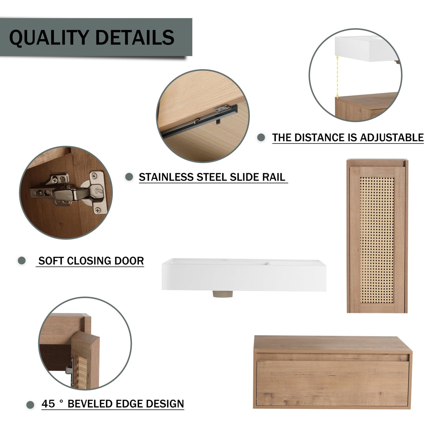Modern Imitative Oak 30 - Inch Wall - Mounted Bathroom Vanity with Resin Sink and Side Cabinet - 1st Choice Furniture Direct