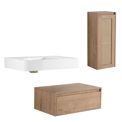 Modern Imitative Oak 30 - Inch Wall - Mounted Bathroom Vanity with Resin Sink and Side Cabinet - 1st Choice Furniture Direct