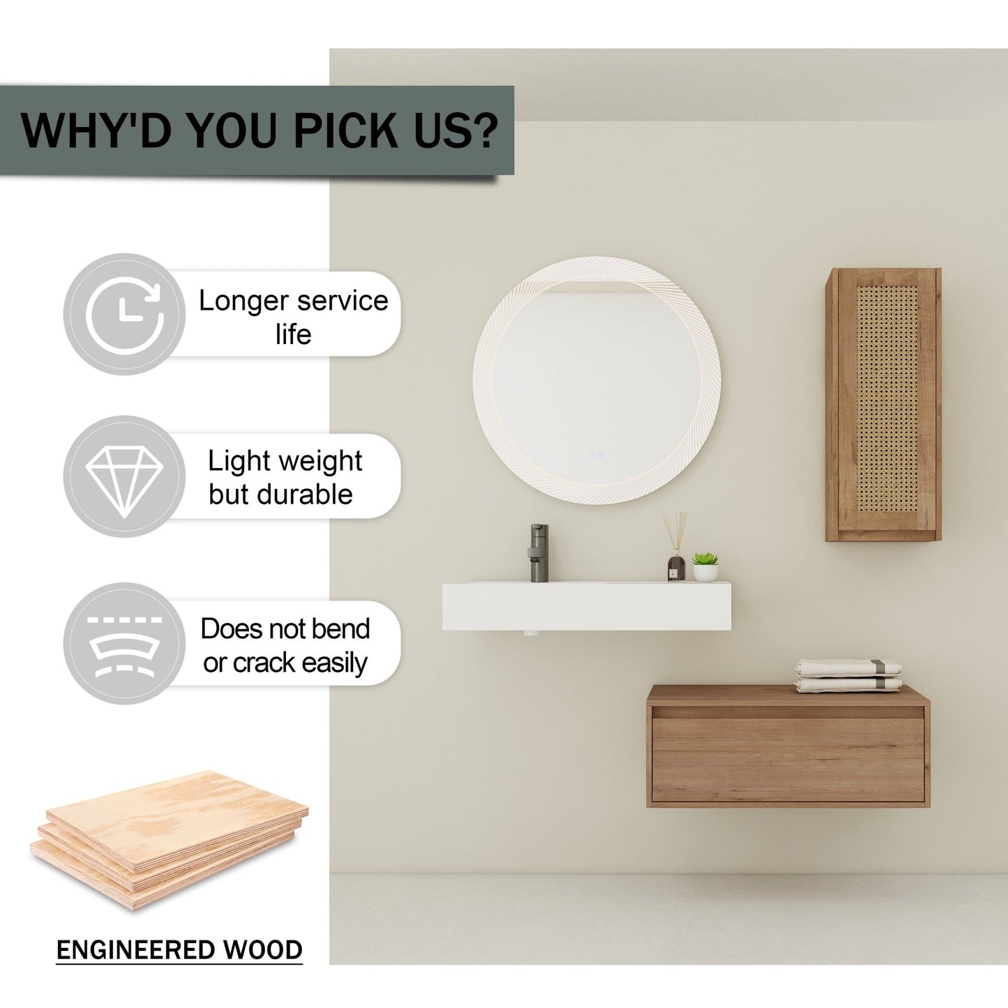 Modern Imitative Oak 30 - Inch Wall - Mounted Bathroom Vanity with Resin Sink and Side Cabinet - 1st Choice Furniture Direct