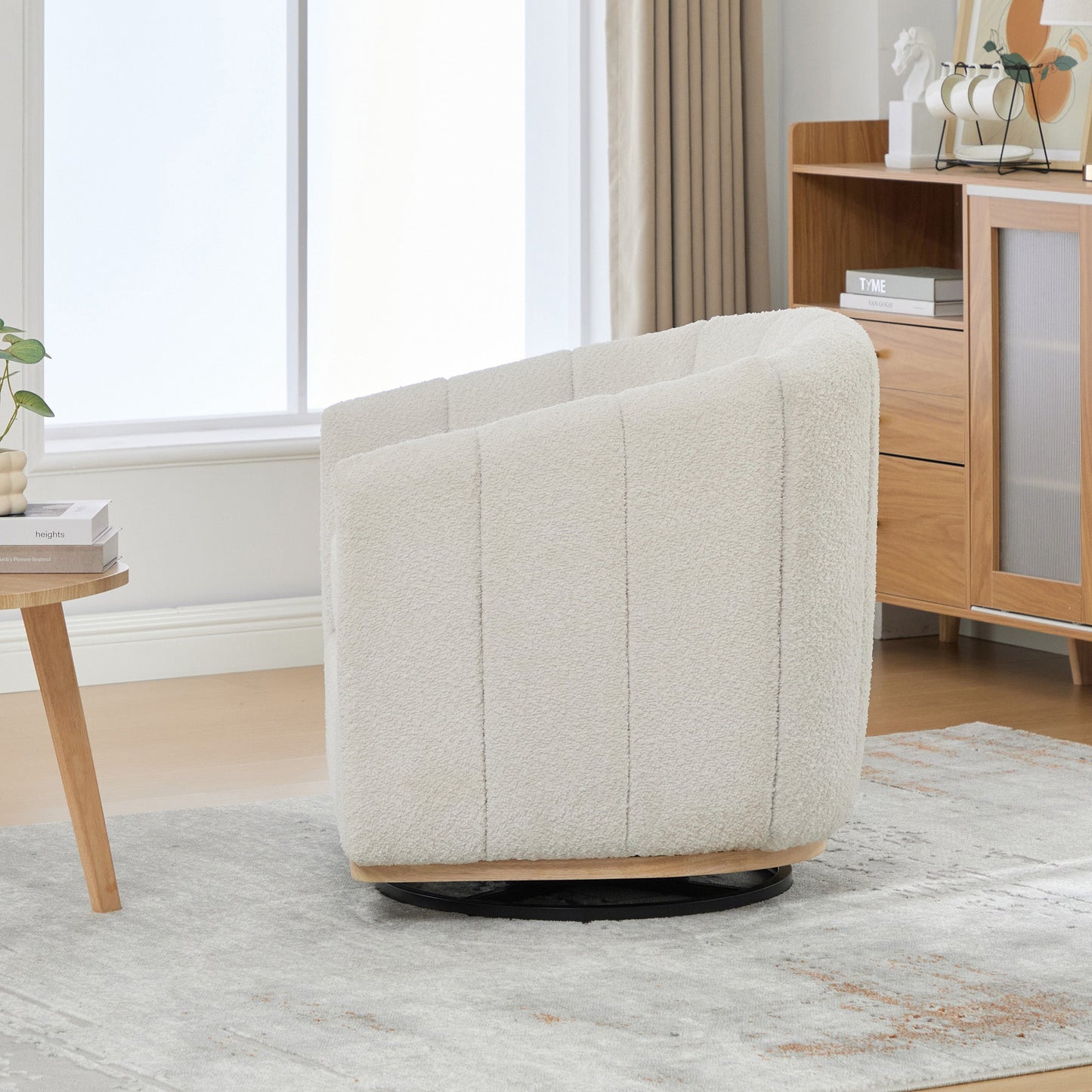 Modern Ivory Chenille Cushioned Metal Base Swivel Barrel Chair, 32.28' Wide Upholstered Tufted Pumpkin - Shape Club Armchair - 1st Choice Furniture Direct