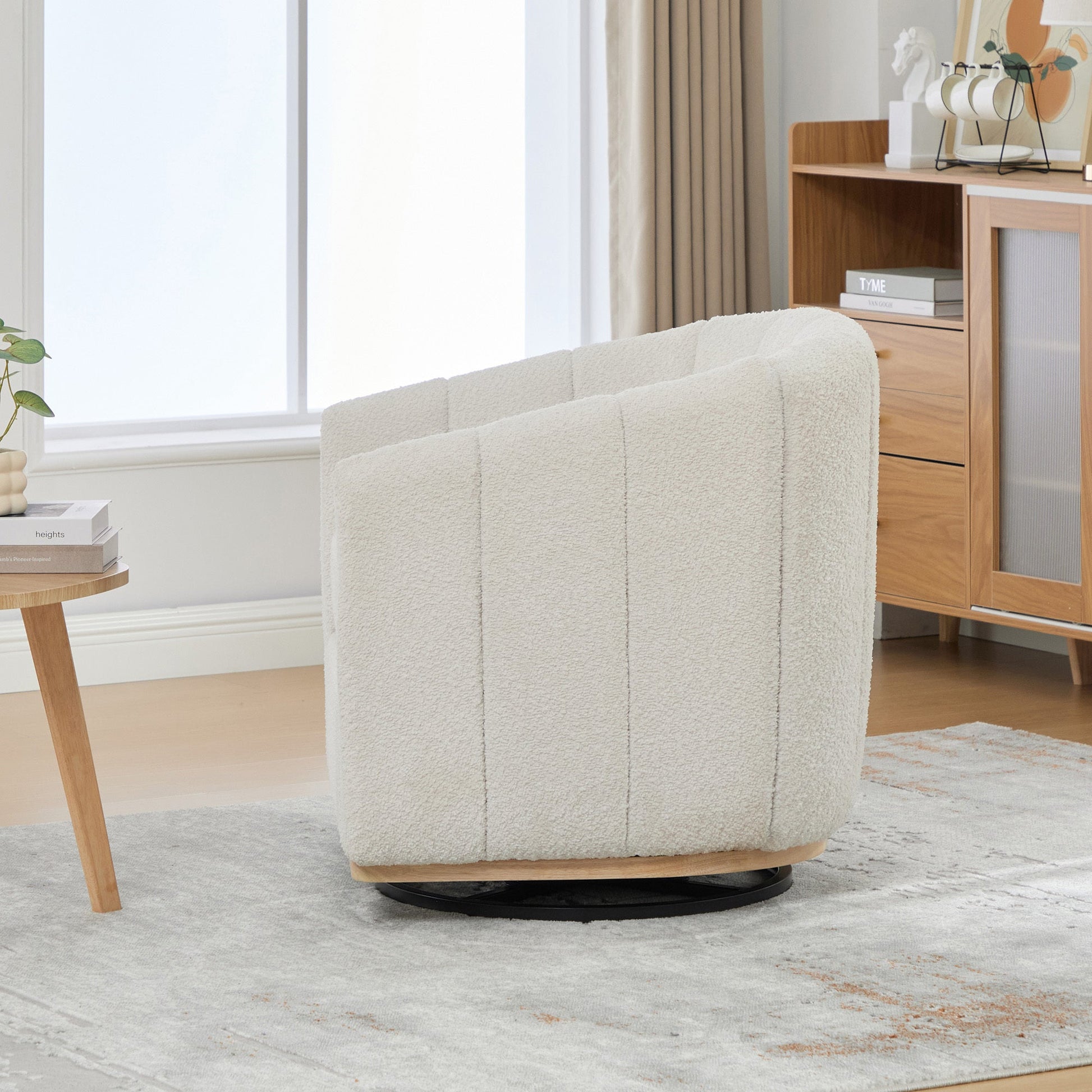 Modern Ivory Chenille Cushioned Metal Base Swivel Barrel Chair, 32.28' Wide Upholstered Tufted Pumpkin - Shape Club Armchair - 1st Choice Furniture Direct