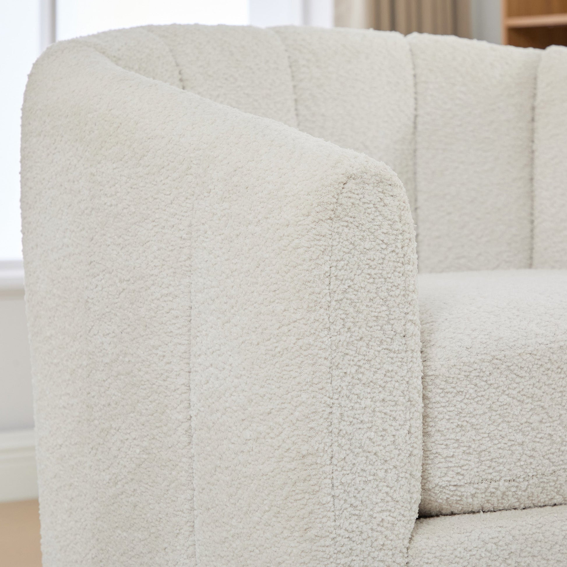 Modern Ivory Chenille Cushioned Metal Base Swivel Barrel Chair, 32.28' Wide Upholstered Tufted Pumpkin - Shape Club Armchair - 1st Choice Furniture Direct