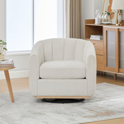 Modern Ivory Chenille Cushioned Metal Base Swivel Barrel Chair, 32.28' Wide Upholstered Tufted Pumpkin - Shape Club Armchair - 1st Choice Furniture Direct