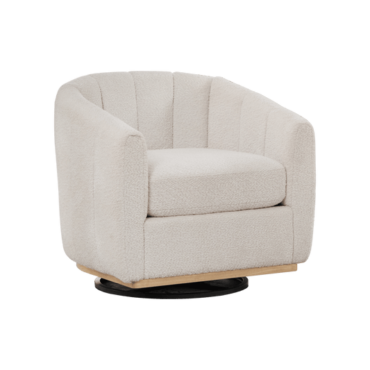 Modern Ivory Chenille Cushioned Metal Base Swivel Barrel Chair, 32.28' Wide Upholstered Tufted Pumpkin - Shape Club Armchair - 1st Choice Furniture Direct