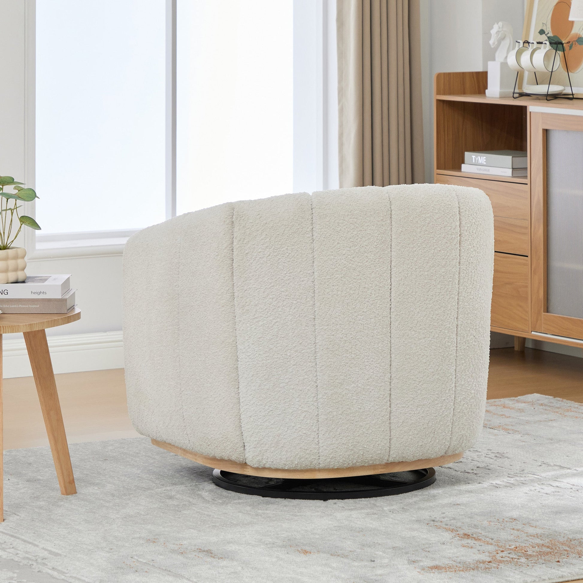 Modern Ivory Chenille Cushioned Metal Base Swivel Barrel Chair, 32.28' Wide Upholstered Tufted Pumpkin - Shape Club Armchair - 1st Choice Furniture Direct