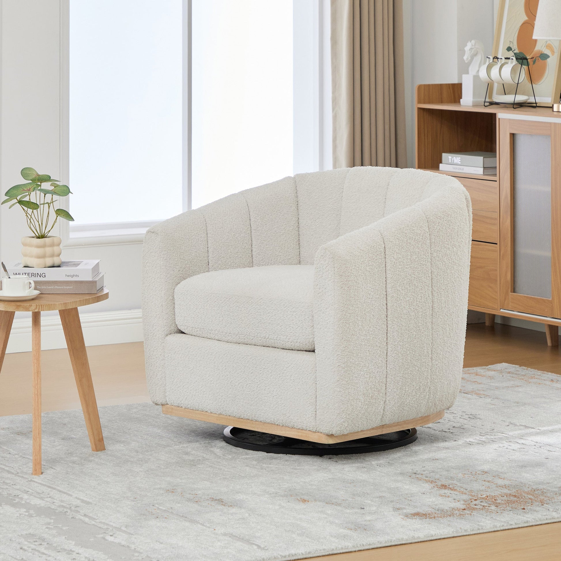 Modern Ivory Chenille Cushioned Metal Base Swivel Barrel Chair, 32.28' Wide Upholstered Tufted Pumpkin - Shape Club Armchair - 1st Choice Furniture Direct