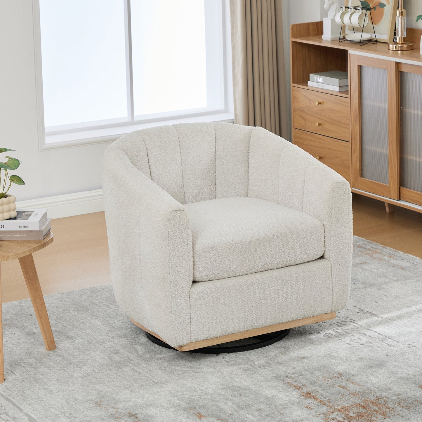 Modern Ivory Chenille Cushioned Metal Base Swivel Barrel Chair, 32.28' Wide Upholstered Tufted Pumpkin - Shape Club Armchair - 1st Choice Furniture Direct