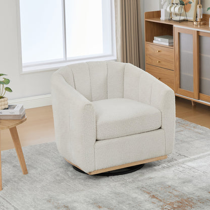 Modern Ivory Chenille Cushioned Metal Base Swivel Barrel Chair, 32.28' Wide Upholstered Tufted Pumpkin - Shape Club Armchair - 1st Choice Furniture Direct
