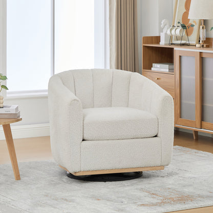 Modern Ivory Chenille Cushioned Metal Base Swivel Barrel Chair, 32.28' Wide Upholstered Tufted Pumpkin - Shape Club Armchair - 1st Choice Furniture Direct