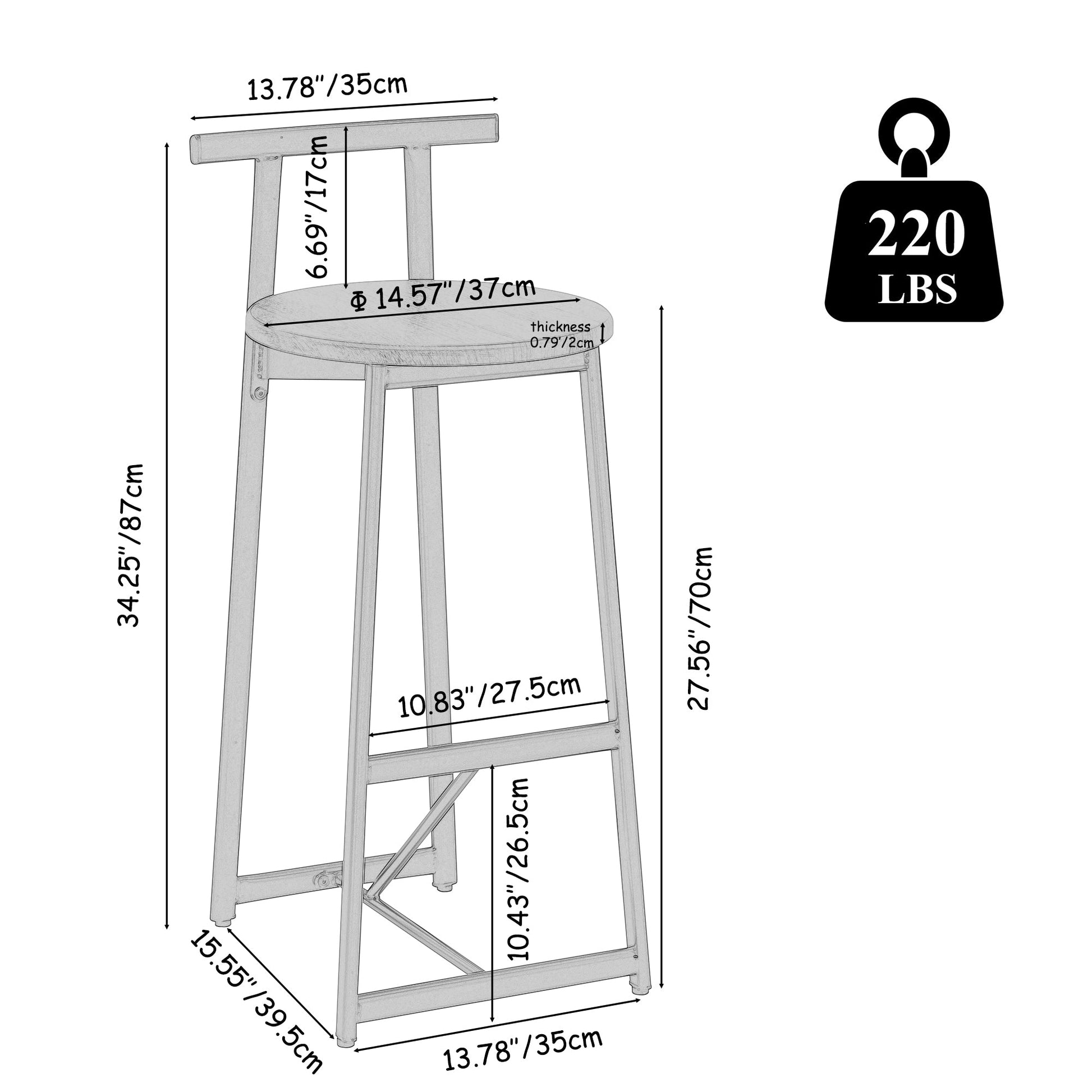 Modern Kitchen Bar Stools Set of 3 with Footrest in Black, Metal Frame & MDF Seat, 27''H - 1st Choice Furniture Direct